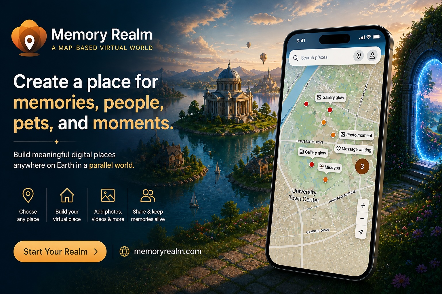 Memory Realm - a map-based virtual world for memories, people, pets, and moments